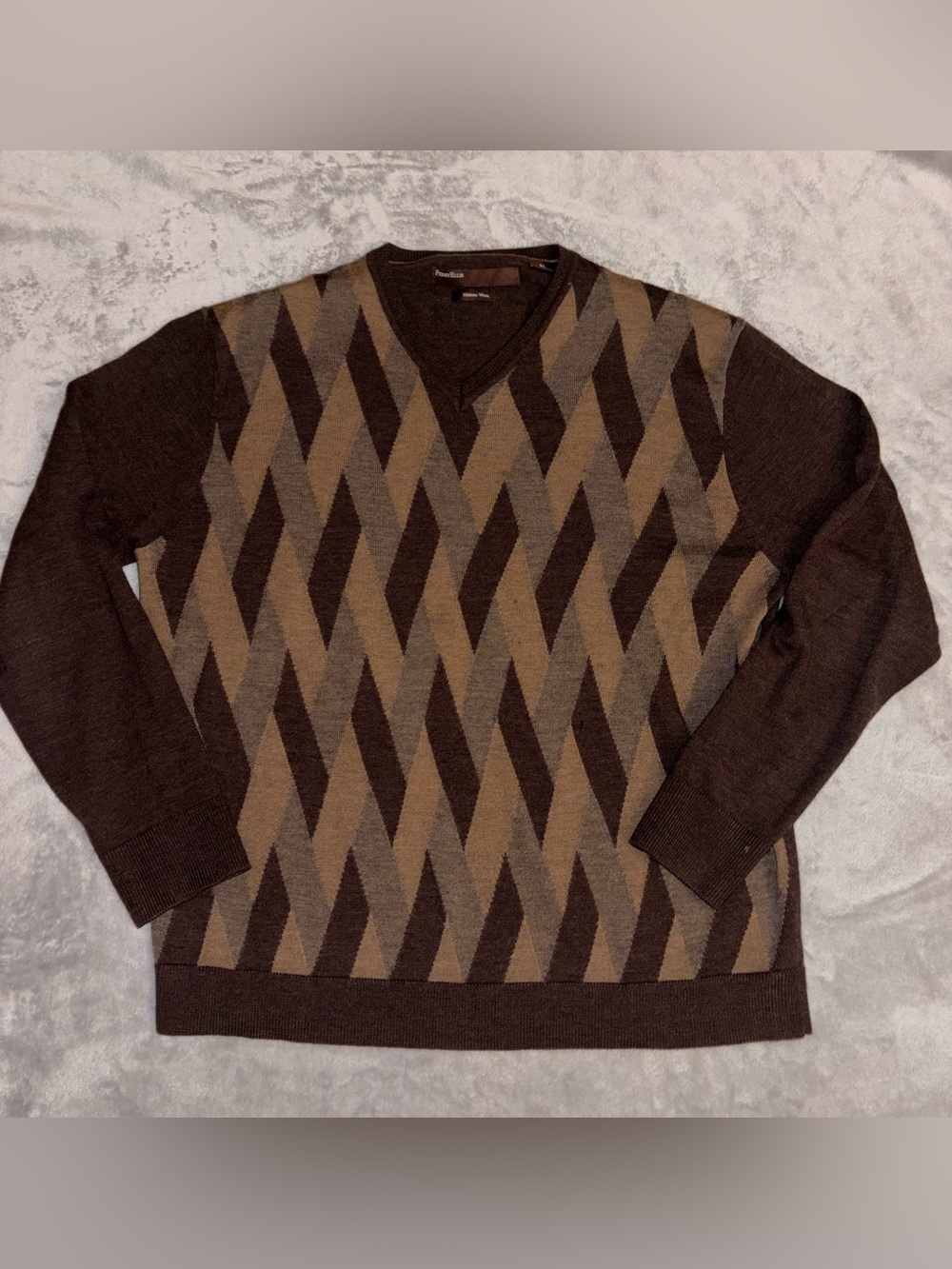 Perry Ellis Merino Wool V-Neck Geometric Knit Sweater Brown/Tan/XL